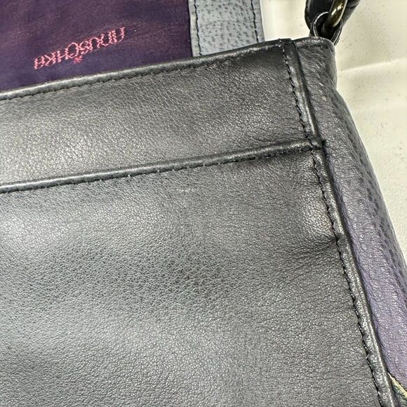 Anuschka Purple Black Floral Hand Painted Leather Crossbody Bag + Card Holder - Picture 10 of 15